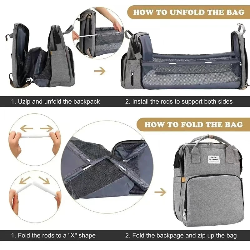 Portable Diaper Bag with Foldable Baby Bed