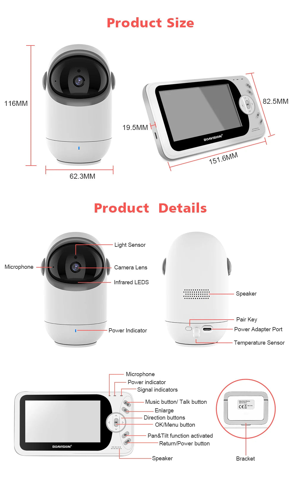 4.3 Inch Video Baby Monitor With Pan Tilt Camera 2.4G Wireless