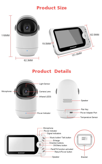4.3 Inch Video Baby Monitor With Pan Tilt Camera 2.4G Wireless